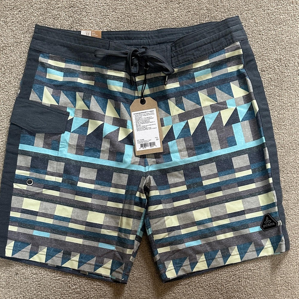 Prana Men's Patterned Geometric Swim Shorts - Blue, Gray, and Green, 33
